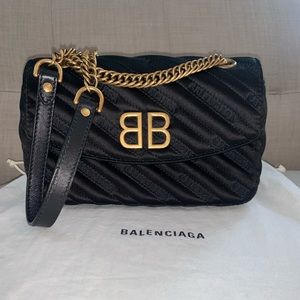 BALENCIAGA Calfskin Matelasse BB Chain S Shoulder Bag in Black.